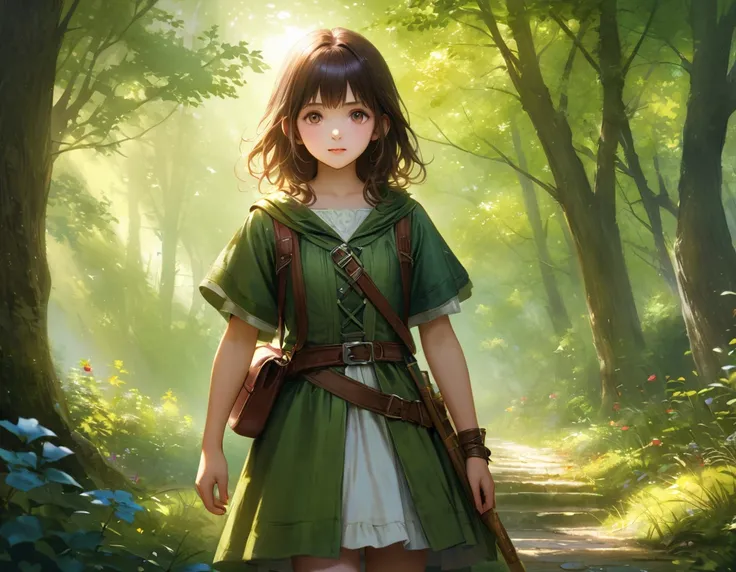 ((Highest quality))、((excellent))、(detailed)、8k、「In the world of high fantasy RPG games、Under the bright moonlight、Standing in a forest glade『My Favorite Child』A realistic scene of Ruby。Ruby is wearing an adventurer&#39;s outfit.、Leather Armor、Fluttering C...