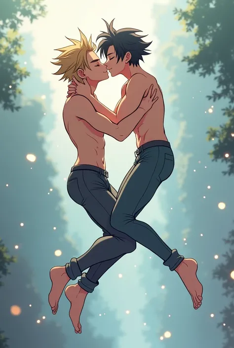 I want two anime style boys They are Mutants and they are both boys and they are lying down kissing they are flying Remembering that I want both males