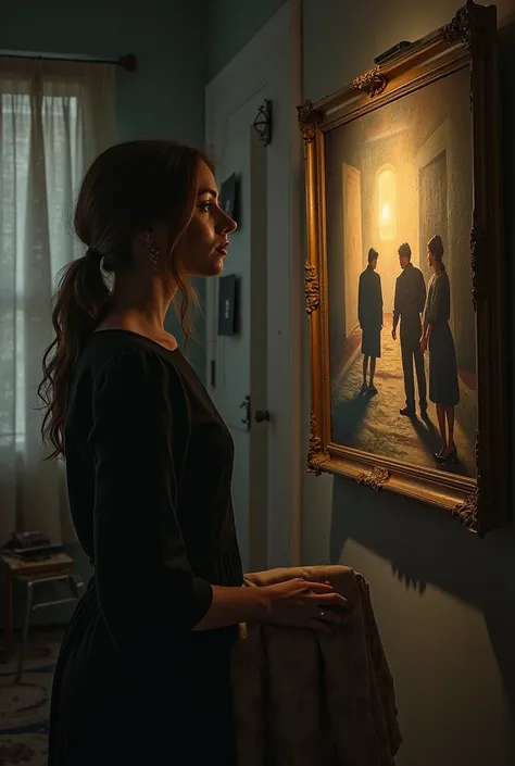 A woman in her room analyzing a painting hanging on the wall with images of a crime scene involving a murderer