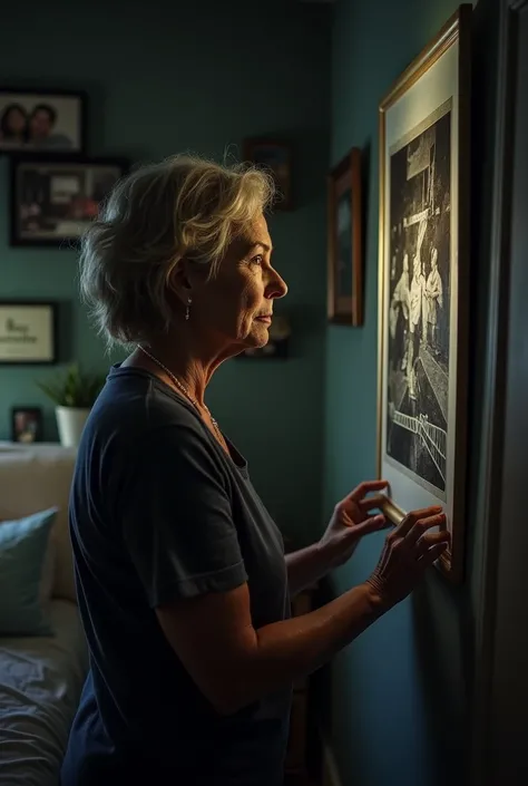 A woman in her room examining a picture hanging on the wall with images of a crime scene 