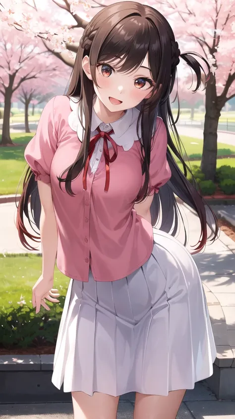 masterpiece, best quality, highres, aachizuru, long hair, one side up, neck ribbon, pink shirt, short sleeves, white skirt, smile, open mouth, standing, cowboy shot, leaning forward, bent over, outdoors, cherry blossoms, arms behind back,