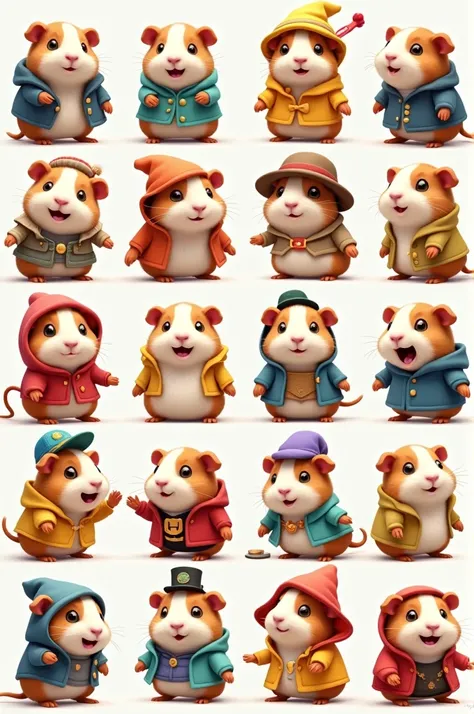 Create 27 images of animated guinea pigs dressed as children