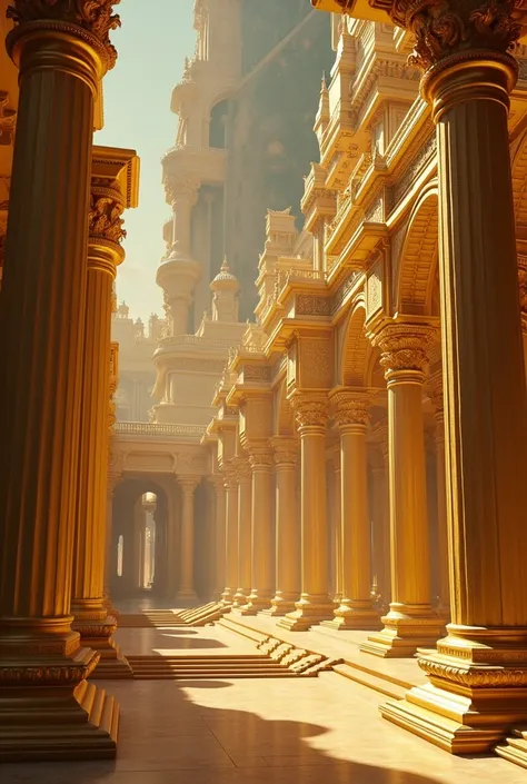 Golden palaces in the middle of the universe with huge pillars, with a play of shadow and light that has huge corridors and squares