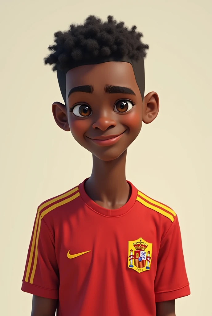 Boy with a slim and athletic build with his short and curly hair combed in a simple way is  his skin is black and his facial features reflect his mixed ancestry with expressive eyes and a kind smile and his hair at the ends is yellow and has the Spain Real...