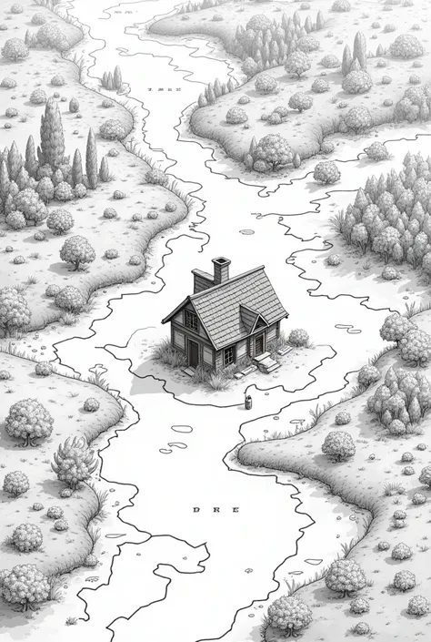 A black and white map, where in the north it is a peaceful place with many flowers, the dark south, the west with food and the east with animals.and in the center of the map a house