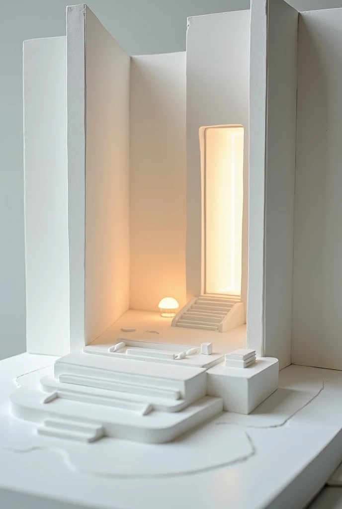 Make an image of an architectural model for the course on principles and fundamentals of sequential space architecture with the theme of spiritual recollection, keep it simple, And that light and water are the protagonists and that it has a height and that...