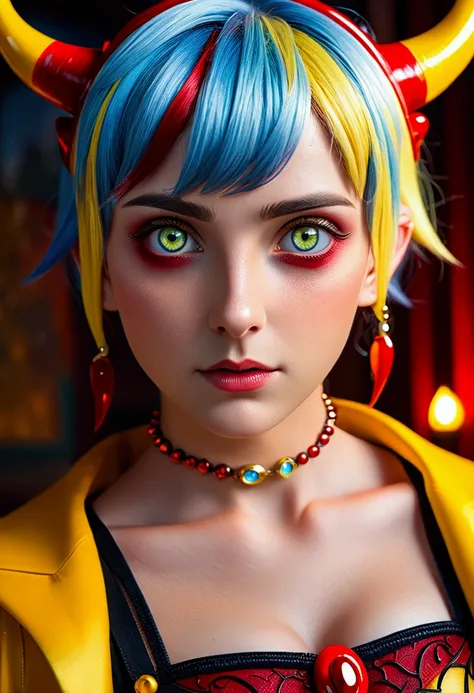 (work of art:1.3), (Best Cinematic Quality:1.2), (extremely detailed configuration:1), (soft+artistic lighting), (1 girl), short blue haired, (eyes+yellow+red:1.4), (multicolored eyes+Heterochromia), garota succubus, (reddish horns)