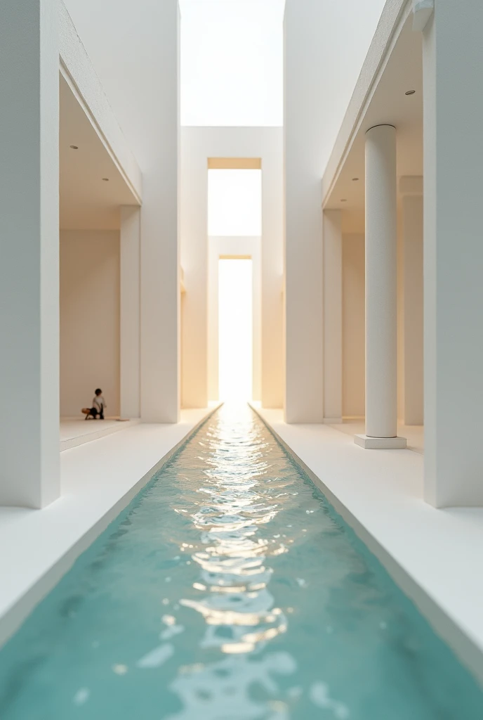 Make an image of an architectural model for the course on principles and fundamentals of sequential space architecture with the theme of spiritual recollection, keep it simple, And that light and water are the protagonists and that it has a height and that...