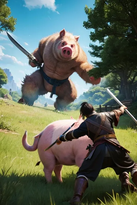 The legendary swordsman fighting a giant pig monster