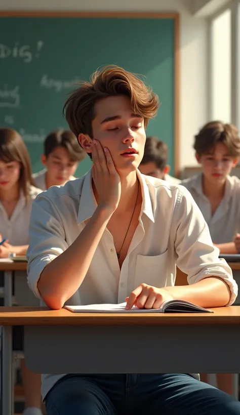 A thin, tanned male student with slightly messy short hair, wearing a slightly loose white shirt and dark blue pants. He sat at his desk, looking sleepy, one hand supporting his chin and the other holding a pen, his eyes half-closed, yawning slightly, whil...