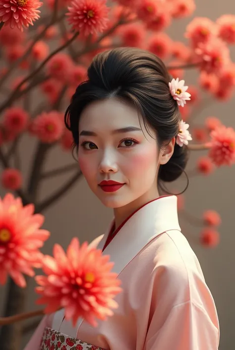 Mature Japanese Woman:1.5、55 talents:1.5、White skin:1.3,Red lipstick:1.5,Being fat:1.5,Single eyelid、(8k, RAW photo, best quality, masterpiece:1.2), (realistic, photo-realistic:1.4), (extremely detailed 8k wallpaper),Surrounded by chrysanthemum flowers、A w...