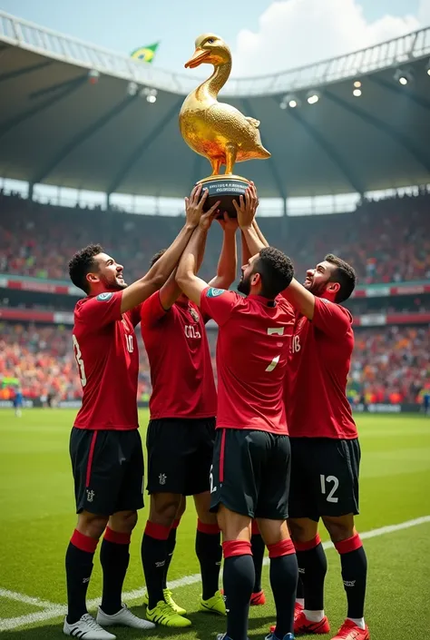 The Flamengo team lifting the duck trophy 