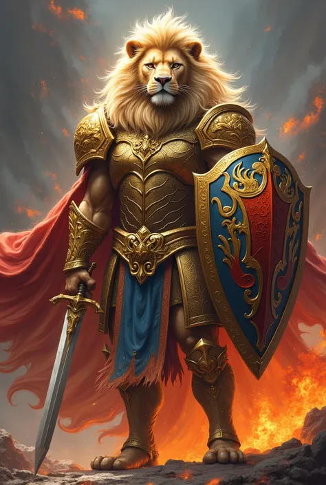 Strong lion  with golden armor holding sword with righ hand, on lef hand holding shield in  red and blue flame background