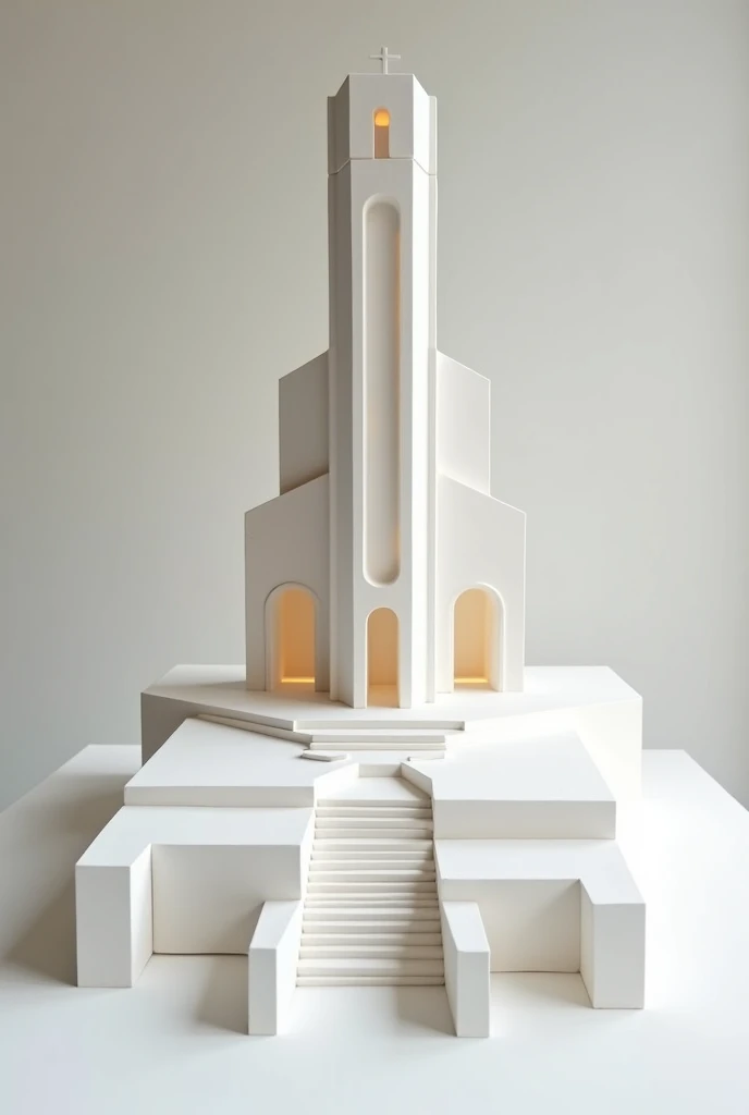 Make an image of an architectural model for the course on principles and fundamentals of sequential space architecture with the theme of spiritual recollection, that it is simple and has a height and that it has an entrance, aisle and altar. Make the model...