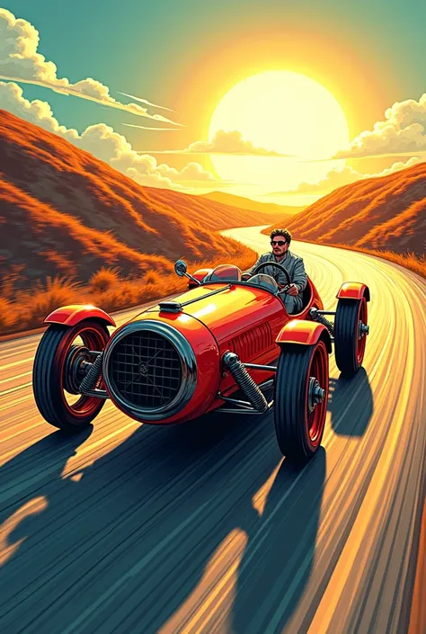 "A retro comic-style image of the first automobile with three wheels, driven by Karl Benz. Use vibrant colors like red, yellow, and blue, with a road winding into the distance. The car should have motion lines to show its in action, with a glowing sun in t...