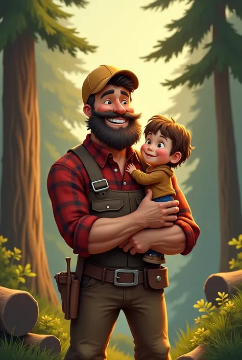 A happy lumberjack because his  baby is standing leaning on him