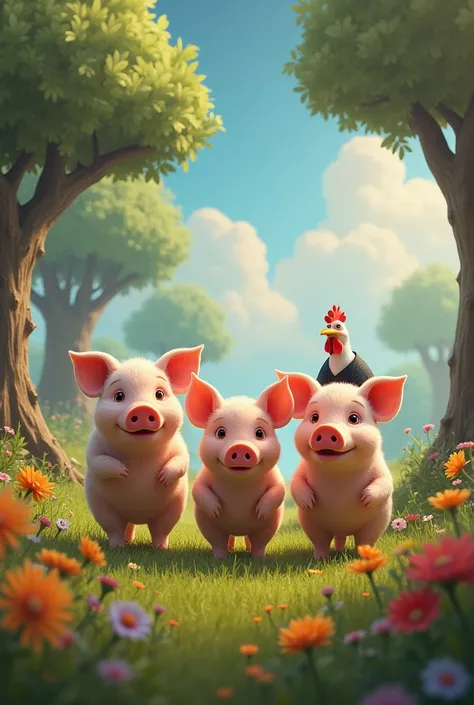 
Copy
Three little pigs, in an open landscape with trees and flowers there is an evil chicken stalking them in the background with a mean face