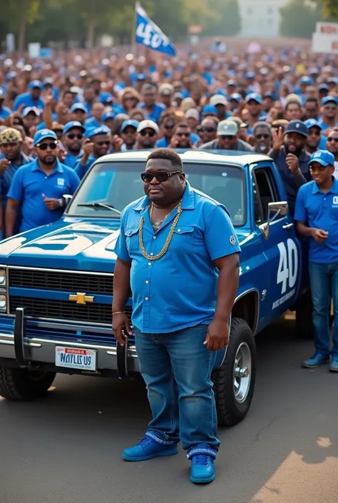 A blue pickup truck with the name of a party of a mayor of a city in Brazil on the truck the numbers 4 40 cplt the party of education and citizenship a well-made pickup truck is the mayor&#39;s pickup truck a luxury car with party flags blue flags with the...