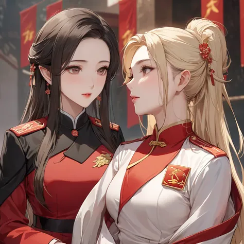 ((Best Quality)), ((masterpiece)), (detailed), （Perfect Face）、The woman is Seras Ashlain, a high elf with medium-long blonde hair, dressed in the uniform of a Chinese Communist Party member, adorned with luxurious jewelry and an engagement ring.、A woman be...