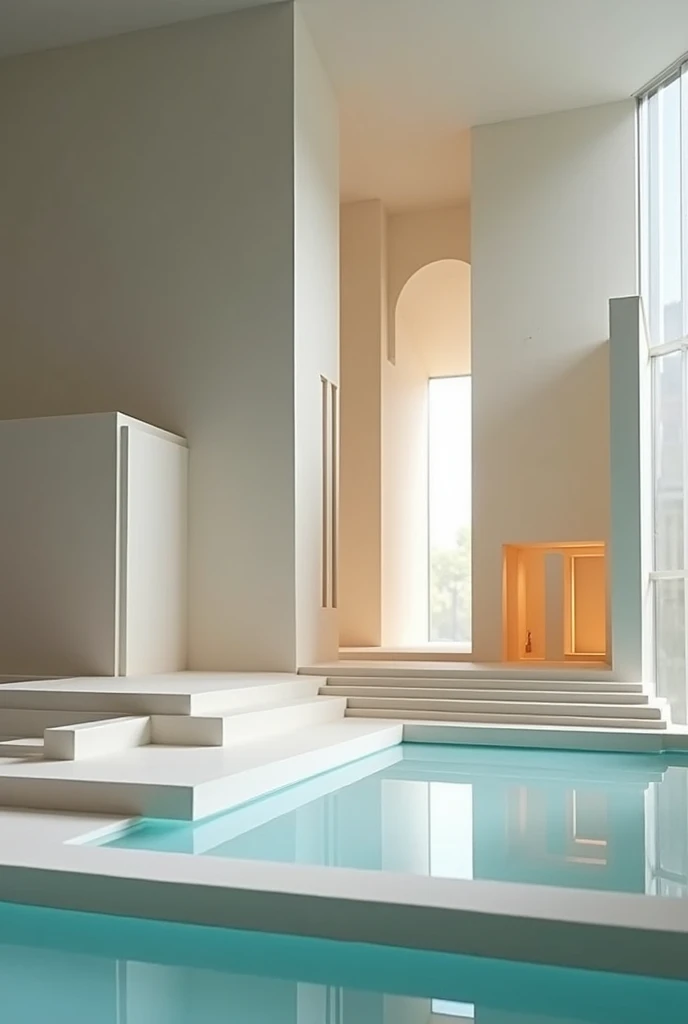 Make an image of an architectural model for the course on principles and fundamentals of sequential space architecture with the theme of spiritual recollection, keep it simple, that light and water are important and that it has a height and that it has an ...