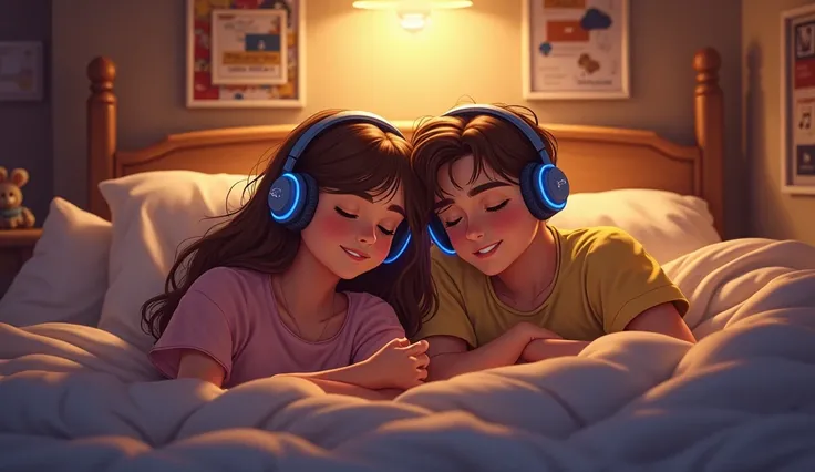 Girls frend boys friend bedroom sleep young headphone use enjoy song 