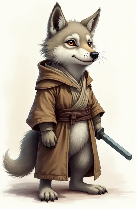 A drawing of a furry wolf dressed as a jedi with a sword, tender and visible from head to hip