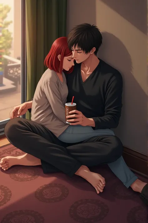 

"Create an illustration of a man sitting casually against a wall, with dark hair, wearing a black outfit. A red-haired woman lies next to him, resting her head on his lap, wearing comfortable clothes. The atmosphere is relaxed and intimate, with warm lig...