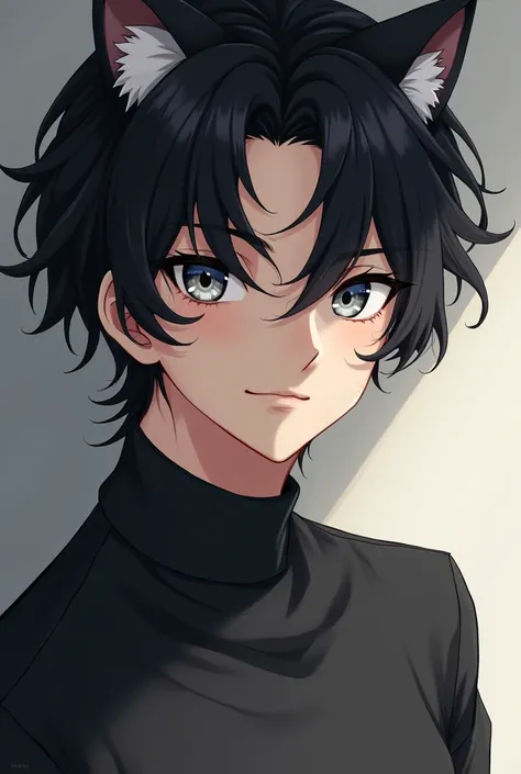 Handsome guy. Gray and feline eyes. A small mole on the left cheek. black wavy hair. version anime.