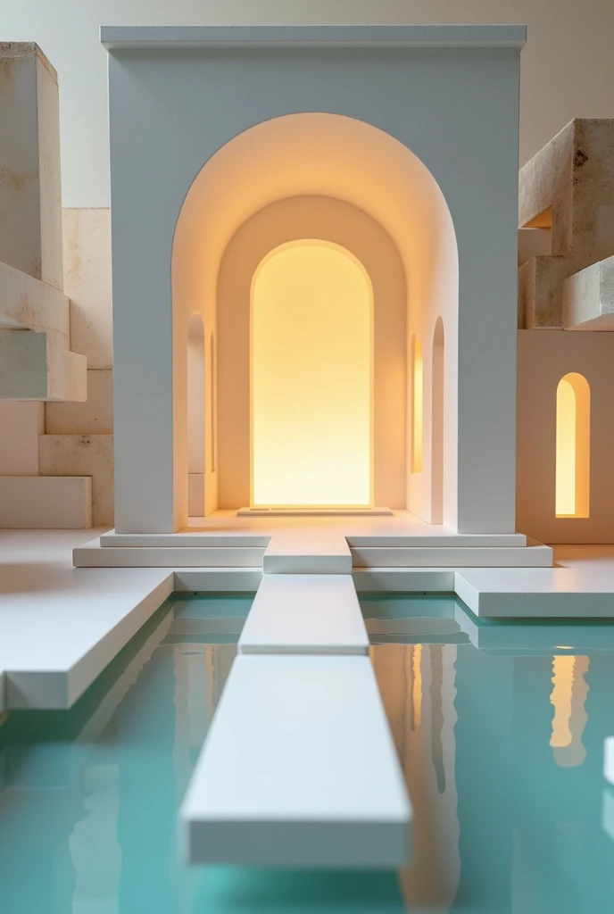 Make an image of an architectural model for the course on principles and fundamentals of sequential space architecture with the theme of spiritual recollection, keep it simple, that light and water are important and that it has a height and that it has an ...