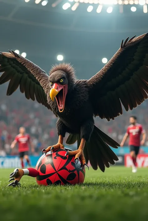 angry flamengo vulture stepping on peñarols mascot driver in a soccer stadium