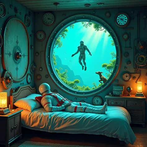 A cosmonaut in a room lying on his bed and on the ceiling an opening onto another world with an animal and the branches of a tree coming out of the ceiling et sur les murs il y a des mécanismes et horlogeries machine ambiance galactique et le plafond presq...