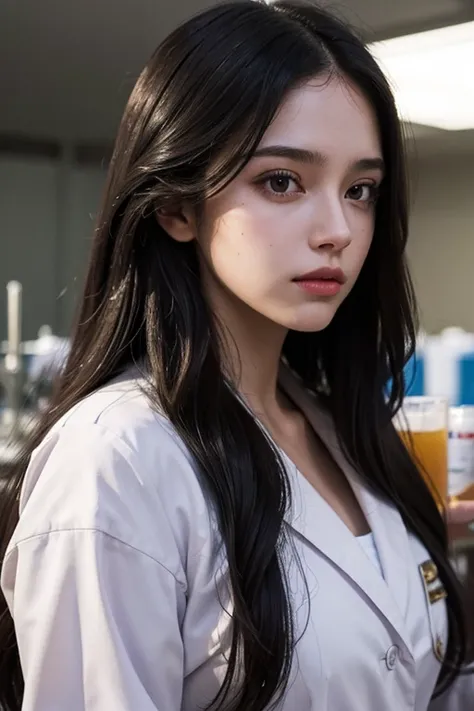 A woman in a white coat in a chemical laboratory, Long and straight hair, Cerveza Soft Devil Queen Madison, Violet Myers, No makeup, Wavy Hair, No makeup, Portrait of a Girl, Profile photo, Use Instagram filters, A soft, dim light, . Chemicals, Perfect Fac...