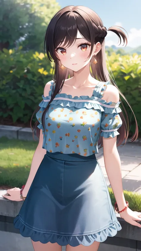 masterpiece, best quality, highres, aachizuru, long hair, one side up, earrings, bare shoulders, floral print, frills, blue shirt, short sleeves, bracelet, blue skirt, standing, cowboy shot, outdoors, arms at sides,