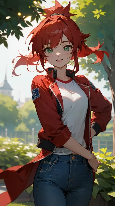 Red Hair、Green Eyes、Short ponytail、excited、excitedした笑顔、Sporty、Spiky Hair、Red jacket、jeans、garden、White T-shirt、happiness、Super detailed、Absurd、Unreal Engine、masterpiece、Best Quality、Beautiful Eyes、Volumetric Lighting、Silky Hair)、Best Quality、Super detailed...