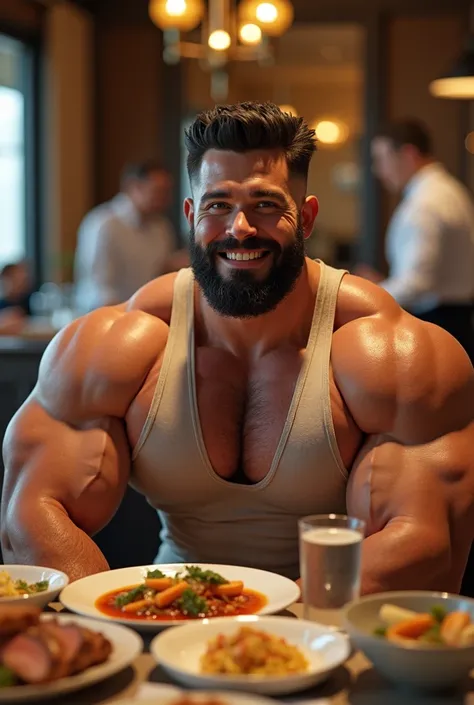 (photorealism:1.2), a large muscular man with short hair, with a fashionable hairstyle, smiling, sitting in a beautiful restaurant, there is a lot of delicious food on the table, he is served by restaurant employees large arma muscular, big huge pecs, Bear...