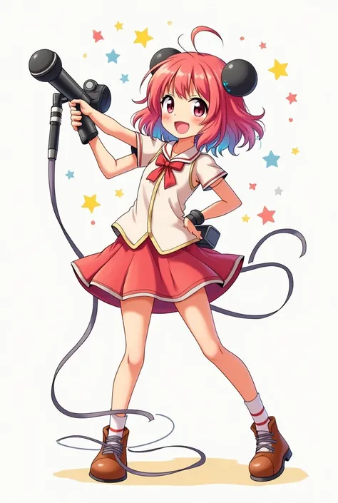 Create a cute female anime character pose standing with a full body microphone, front camera 