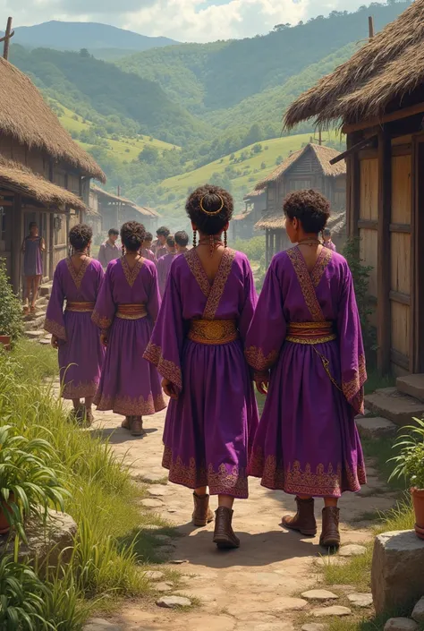 I want a village with purple clothes, brown skin, brown eyes, short highlighted hair and knee-high boots. 
