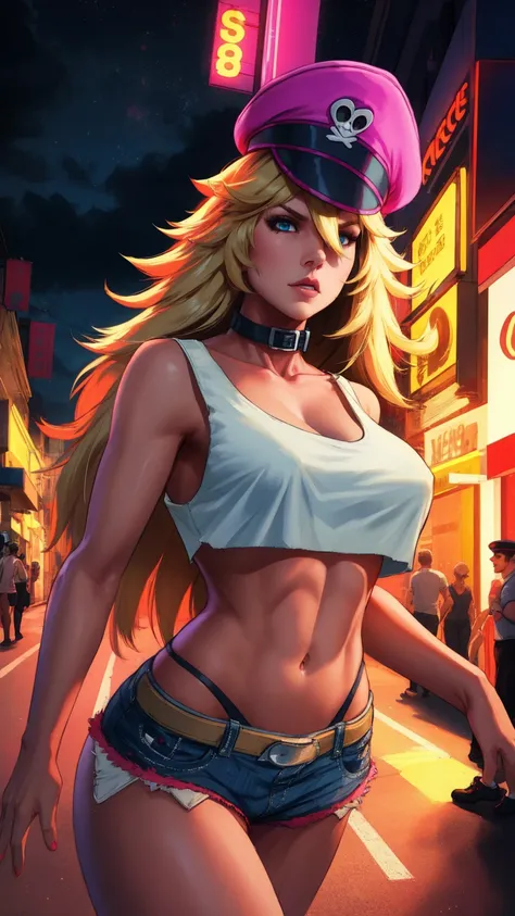 blonde hair,blue eyes,long hair,white crop top,collar,short shorts, peaked cap, upper body,walking, nice shoes,looking at viewer, night,neon lights,streets, (insanely detailed, masterpiece, best quality),solo,