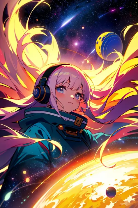 Cute anime girl floating in space, listening to lofi hip-hop music with headphones - A tranquil scene of a beautiful anime girl drifting among the stars and planets, surrounded by a breathtaking 16x9 4K space artwork. She wears a relaxed expression, her lo...