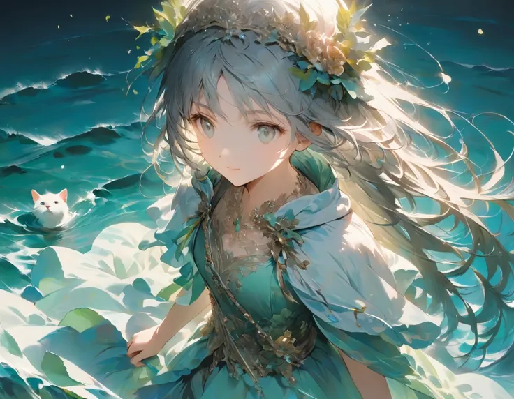 ((Best Quality))、((excellent))、(detailed)、8k、「『Jormungand』Koko Hekmatyar stands in the middle of the calm emerald blue ocean、Photorealistic scenes。She was on a small floating platform、Long silver hair fluttering in the breeze。The water is crystal clear、Ref...