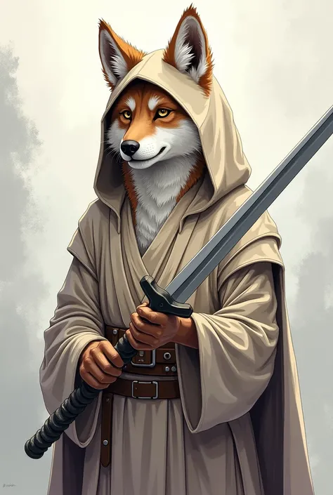 An anime style drawing of a wolf furry dressed as a jedi with a sword, tender 