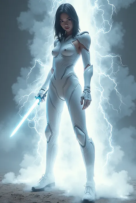 One girl,Realistic, Sharp focus, High resolution, High resolution, Alone, Full body photo,White combat bodysuit, Beautiful woman,Japanese women、Unleash the power、Explosive Energy、Lightning emanates from the whole body、Lightsabers、Micro Missile、Laser beam、H...