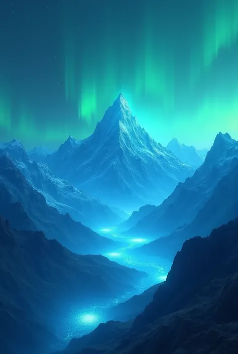 Mountains with blue and green lights writing New Age
