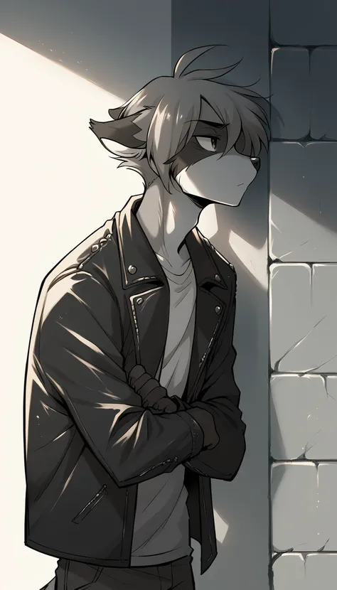 A black and white raccoon in a leather jacket, hairstyle (mane), Leaning against the wall, proud look, Powerful, with arms crossed, night low lighting.