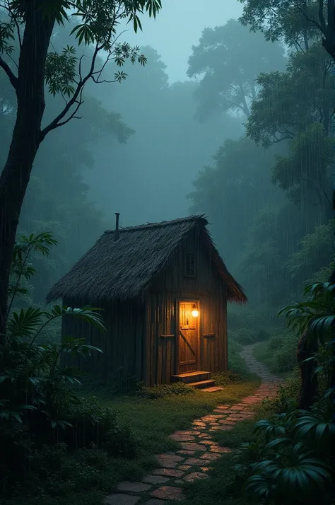 small hut in the rainforest. It was raining heavily. The sky was dark and the fog was so thick that you couldnt see the morning light. There was a flickering light in the house.