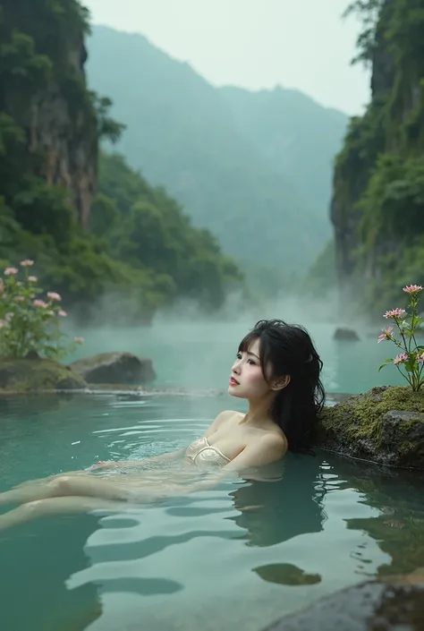 Girl relaxing in hot spring