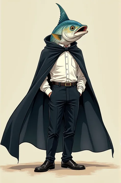 drawing of macgyver dressed as a college tuna with a black cape, White shirt, black pants and black shoes