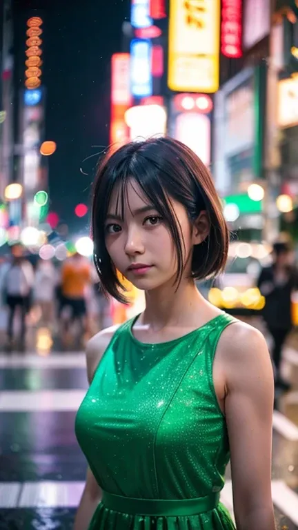 A woman standing on a crowded street in Tokyo, Traffic jam on a rainy night, masterpiece, RAW Photos, Written boundary depth, Bokeh, (Front light:1.2), (Backlight:0.75), (Subsidy Light:0.9), neon, chromatic aberration, (Lens Flare:1.2), 8k, Genuine, green,...