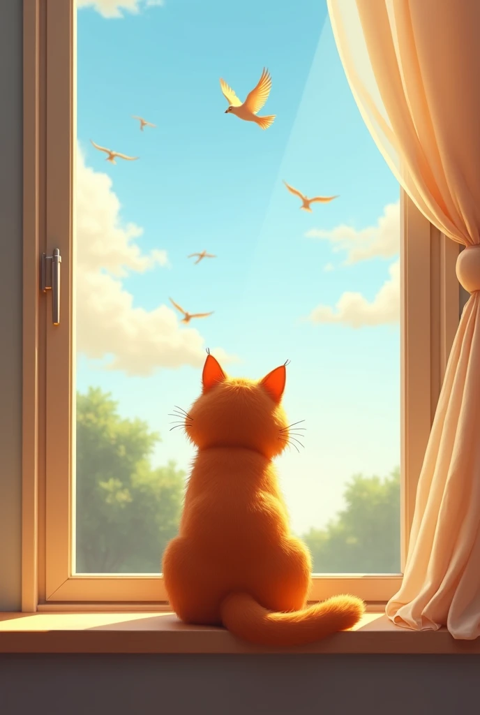 An orange cat named Meow is sitting on a window, looking towards the horizon. The sun is shining and there are birds flying. 