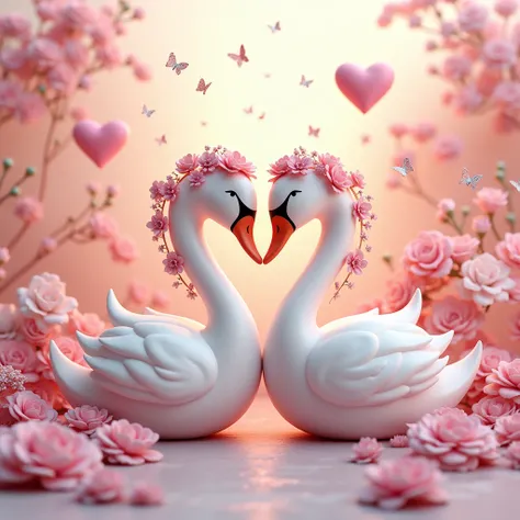 A stunning, meticulously crafted 3D render illustration by an incredibly talented artist. It captures the essence of love with two intricately designed, intertwined hearts adorned with flowers and in vibrant light pink, pink and purple hues. The one heart ...